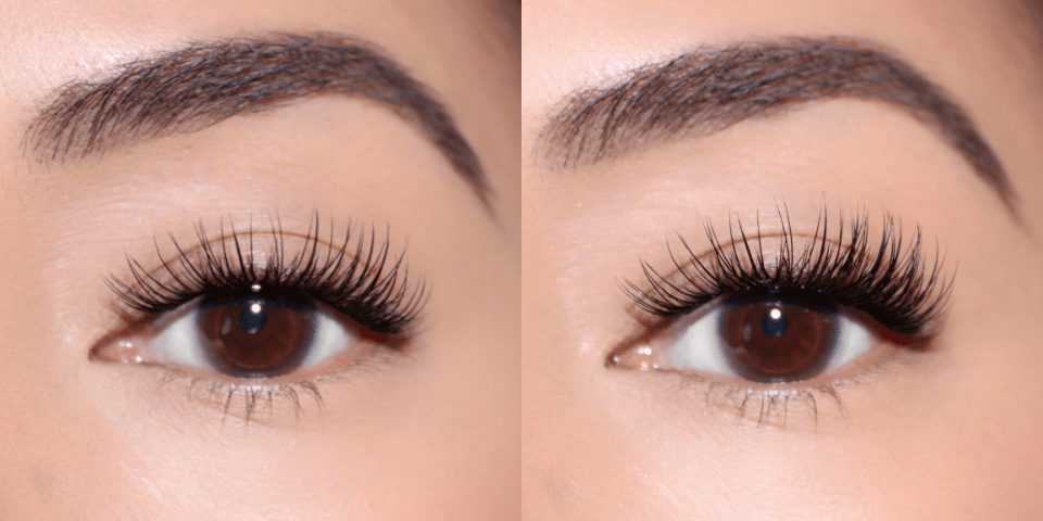 Side-by-side natural daytime and dramatic evening Lashify lash looks