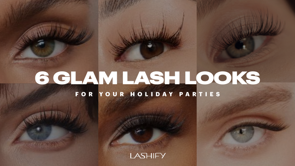 Woman in sparkly holiday party makeup wearing a glam set of Lashify Gossamer lashes