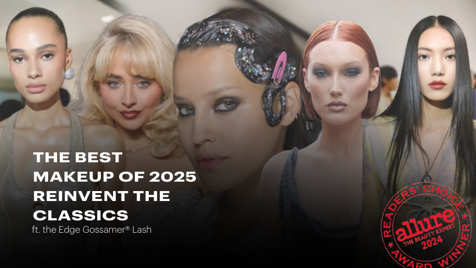 Model with a modern 2025 makeup look featuring shimmering eyes and defined lashes