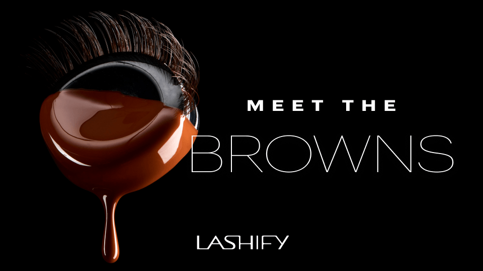 Side-by-side comparison of Lashify brown Gossamer lash fiber colors including Ash