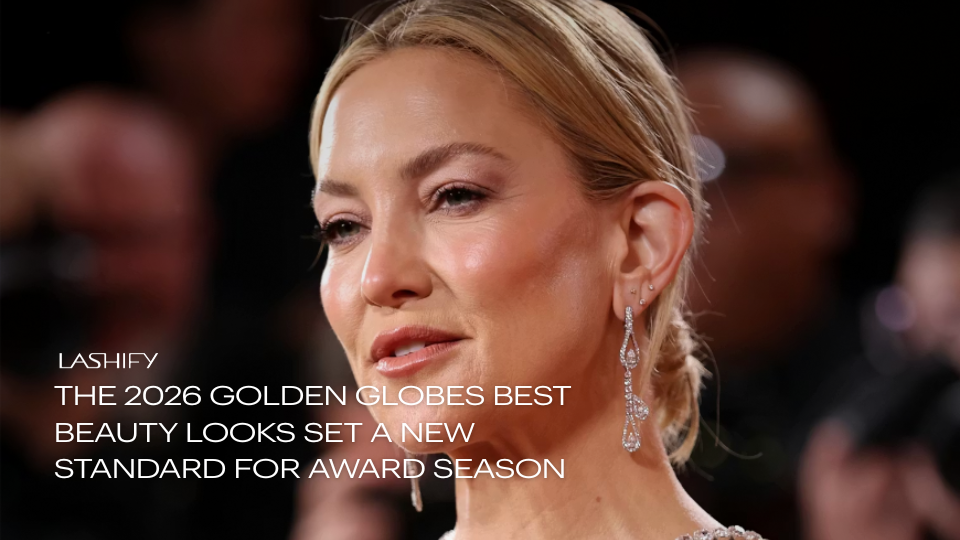 Celebrity on the 2026 Golden Globes red carpet with full-glam makeup and lashes