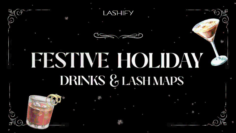Holiday lash look with a glamorous Lashify lash map beside a festive cocktail