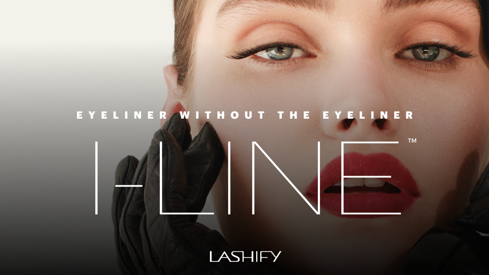 Lashify I-Line Gossamer lash in its chrome cartridge creating a sleek eyeliner effect