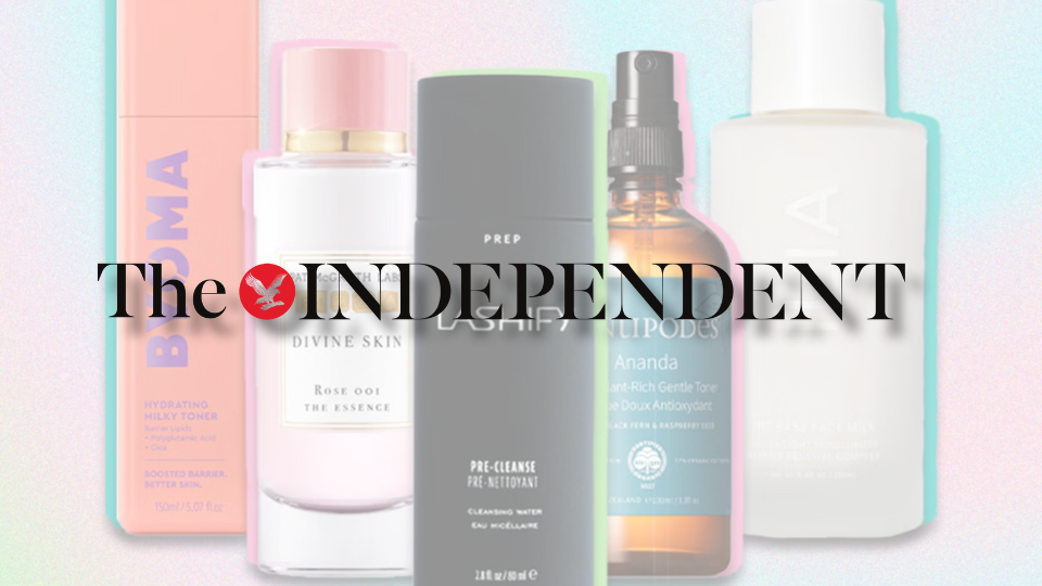 Hydrating facial toners arranged together for a skincare routine roundup