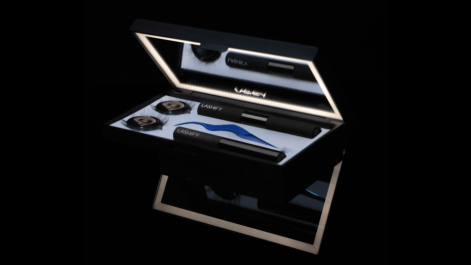 Lashify LED Control Kit with black gradient case and sleek drawstring travel bag