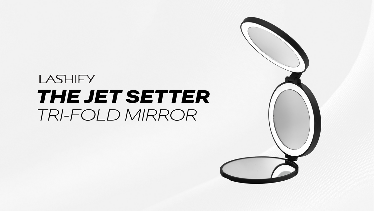 Lashify Jetsetter tri-fold LED mirror with magnification and Beauty Clutch