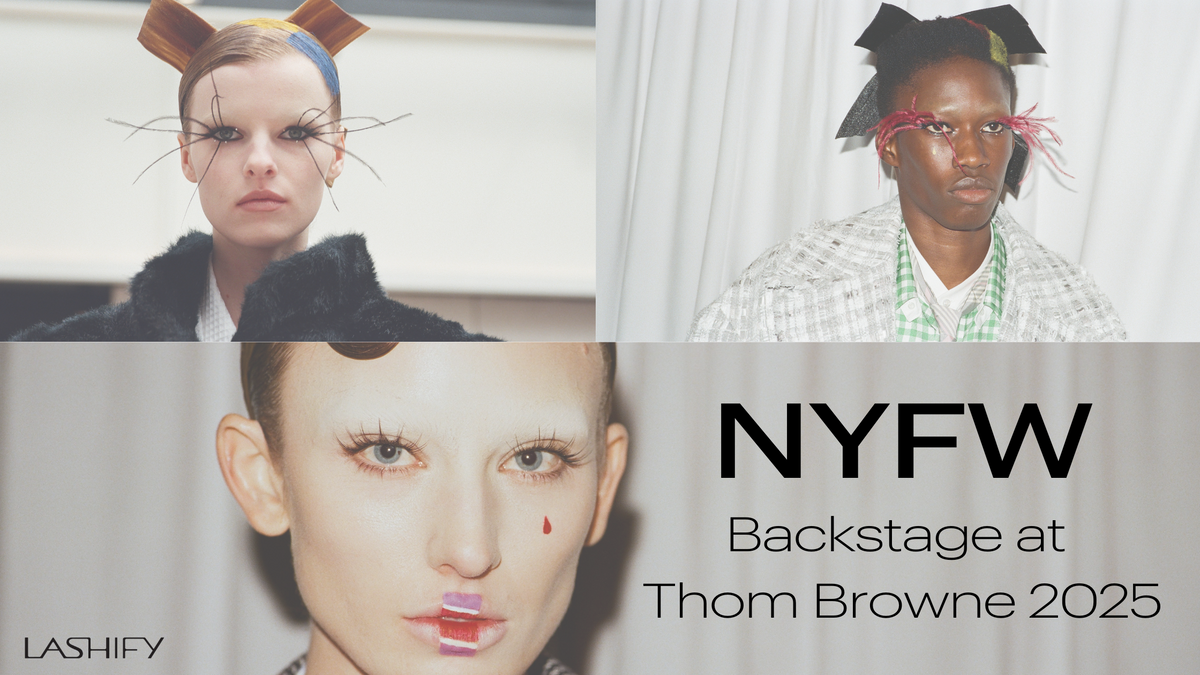 Thom Browne 2025 runway model with bird-inspired lash looks created with Lashify