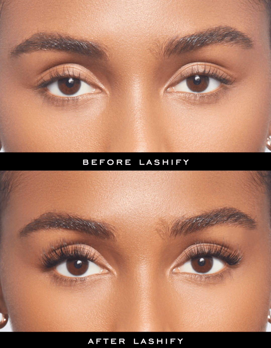 before and after comparison image of a woman with no eyelash extension product vs wearing lashify gossamer lashes