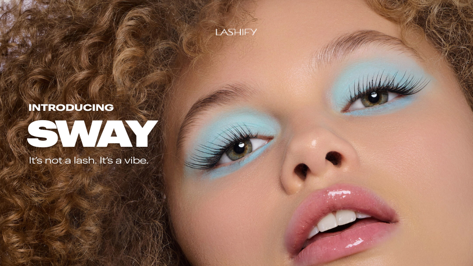 Model wearing wispy angled Sway Gossamer lashes from the Lashify STAX Collection