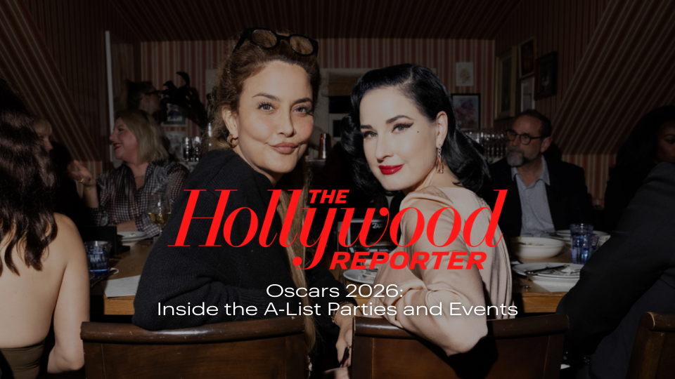 Guests in evening glam at an Oscars 2026 party with fluttery red carpet lashes