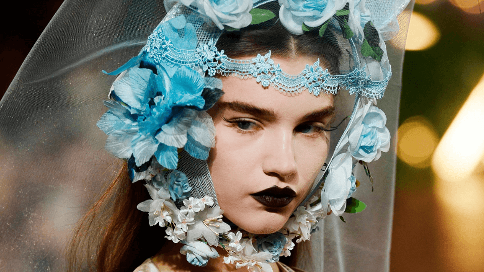 Gothic Rodarte runway model with dark, delicate vampire makeup and Lashify lashes