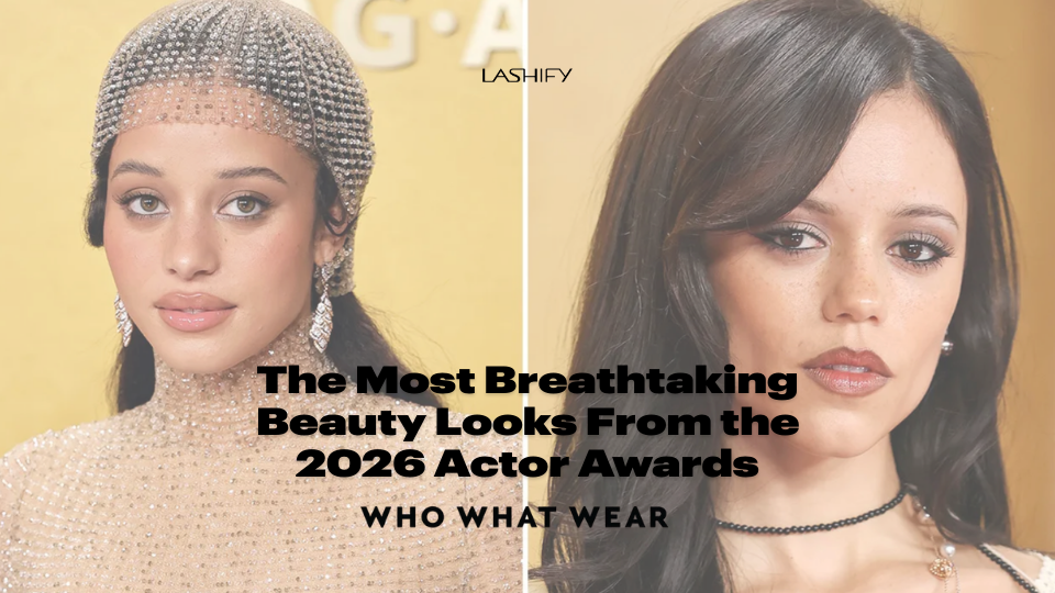 Red carpet beauty look at the 2026 Actor Awards with glamorous hair, lips and lashes