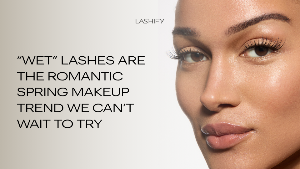Close-up of glossy, spiky wet-look lashes for a romantic spring makeup trend