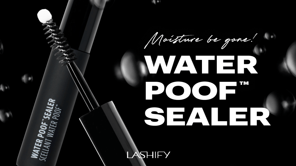 Lashify Water Poof lash sealer tube shown next to a set of Gossamer lashes