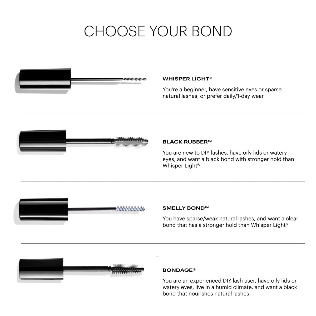 Black Rubber™ Mega Strong Lash Adhesive, Whisper Light® Classic Dual-Sided Flexible Bond, Whisper Light® Classic Single Flexible Bond Black, Whisper Light® Classic Single Flexible Bond Clear, Smelly Bond™ Extra Strong Lash Adhesive