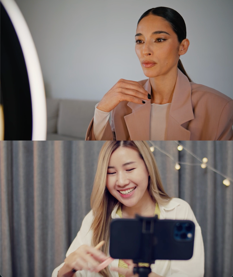 Two women creating beauty content on camera - start sharing and earn cash commission with every new Lashify customer you refer.